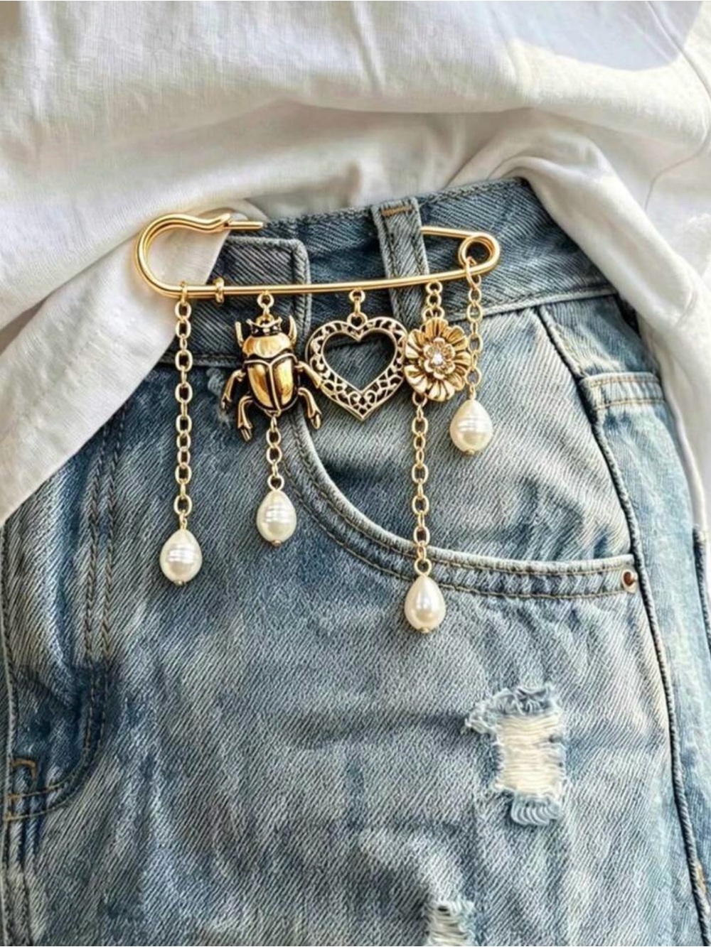 Gold Floral Heart & Beetle Charm Safety Pin Brooch with Pearls